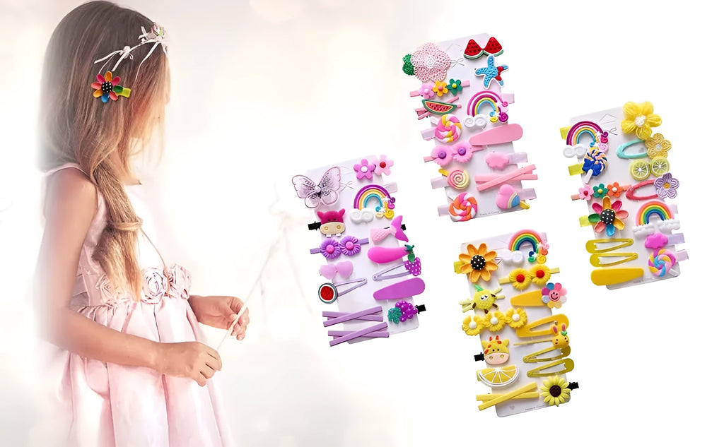 14-piece toddler hair accessories set: colourful rainbow, fruit, and butterfly barrettes in soft silicone clay.