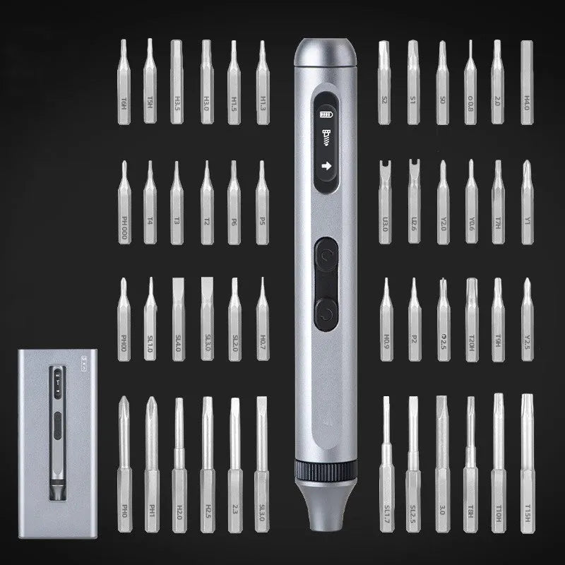 Aluminium alloy precision electric screwdriver showing compact design and chuck detail.