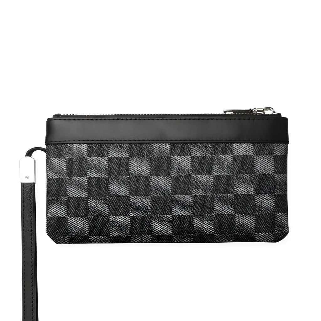 Men's black leather clutch wallet with 20x10cm dimensions and cowhide construction