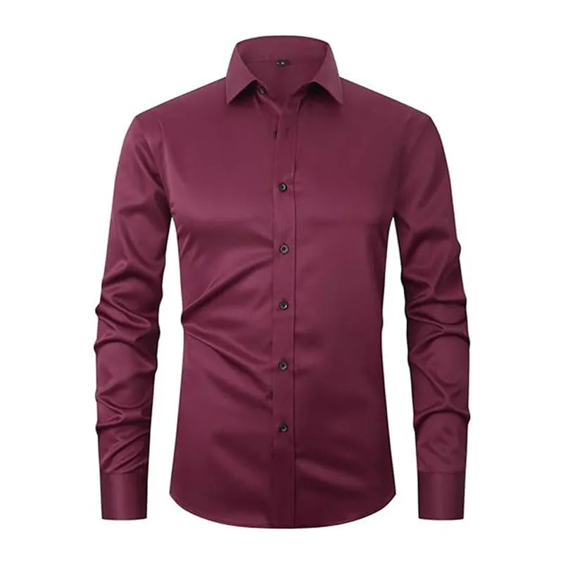 Men's grey stretch long sleeve polyester work shirt on a hanger