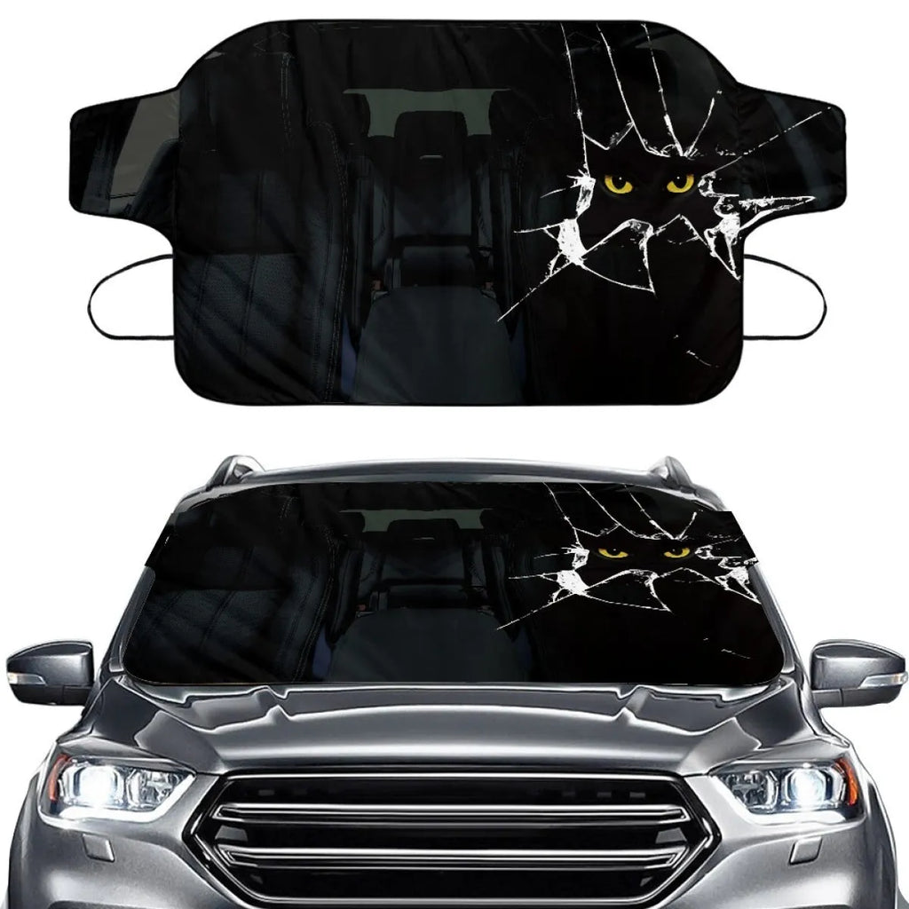 Car front gear snow protection cover showing aluminium film material and lanyard ties for windscreen.