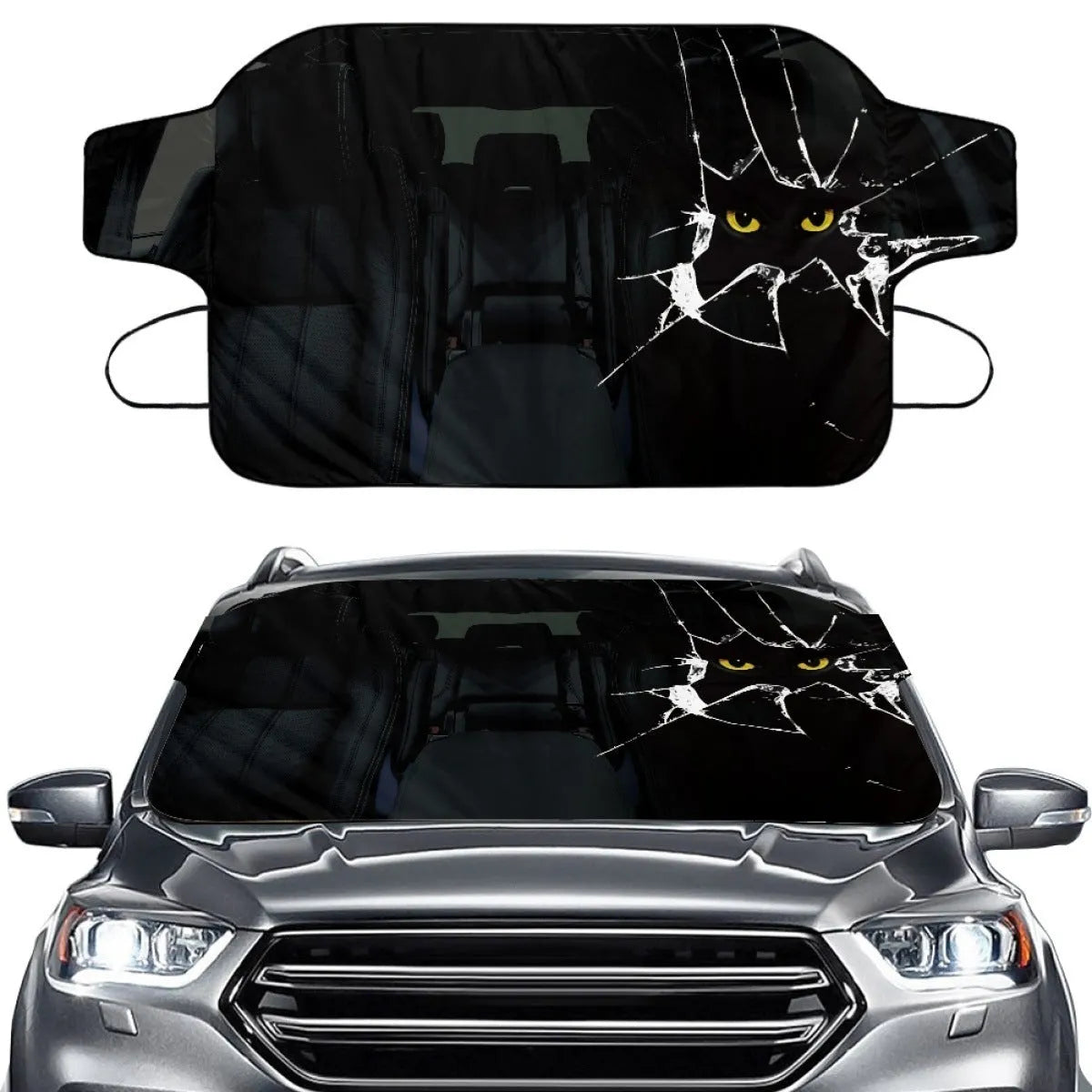 Car front gear snow protection cover showing aluminium film material and lanyard ties for windscreen.