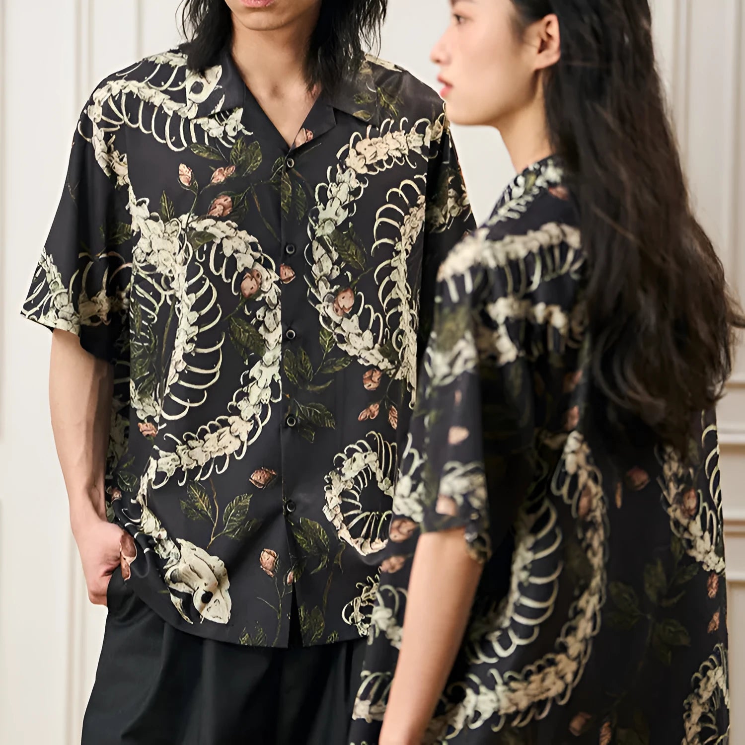 Floral snake bone pattern printed short sleeve Cuban collar loose fit shirt