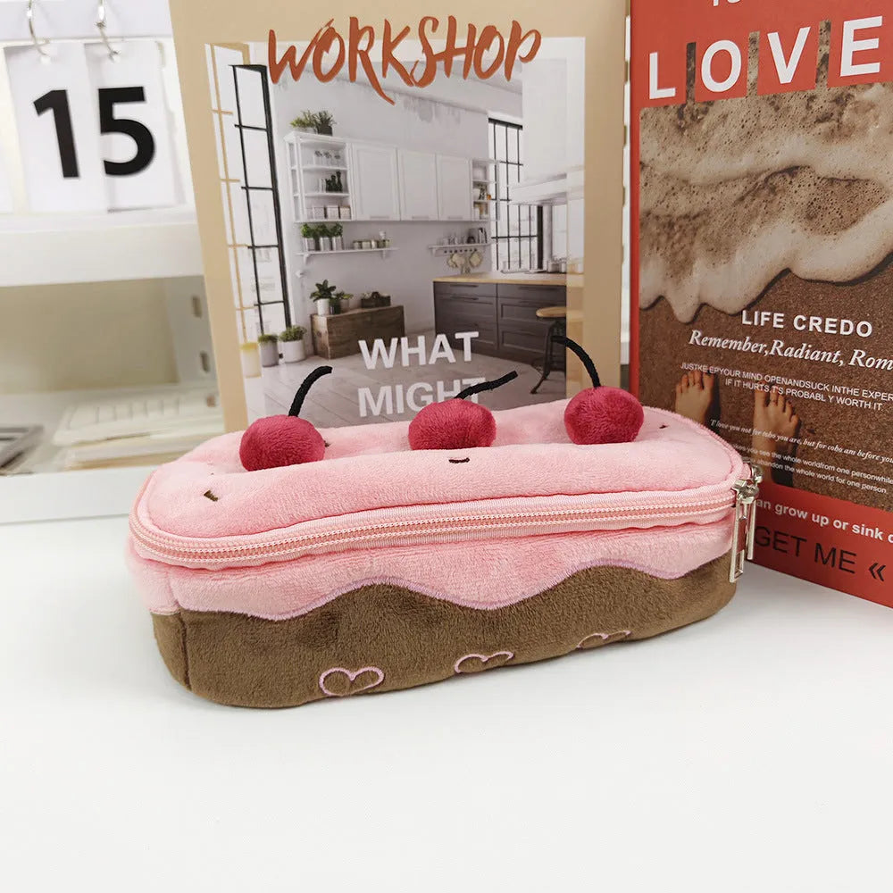 Cherry cake pattern velvet pencil case with Korean style design for stationery organisation