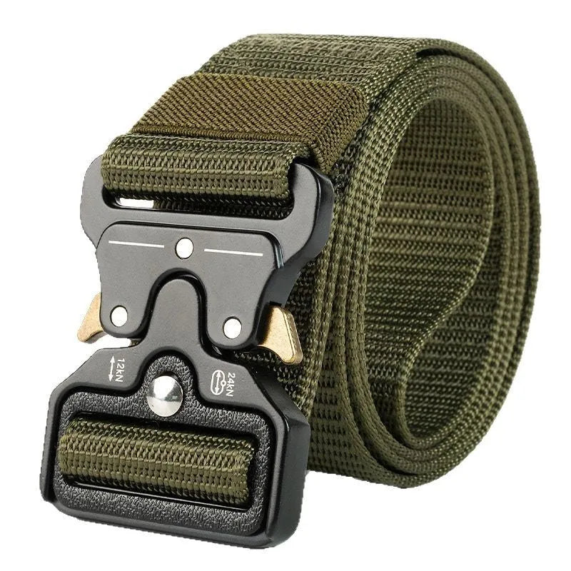 Men's thick canvas tactical belt with alloy release buckle shown in Army Green colour