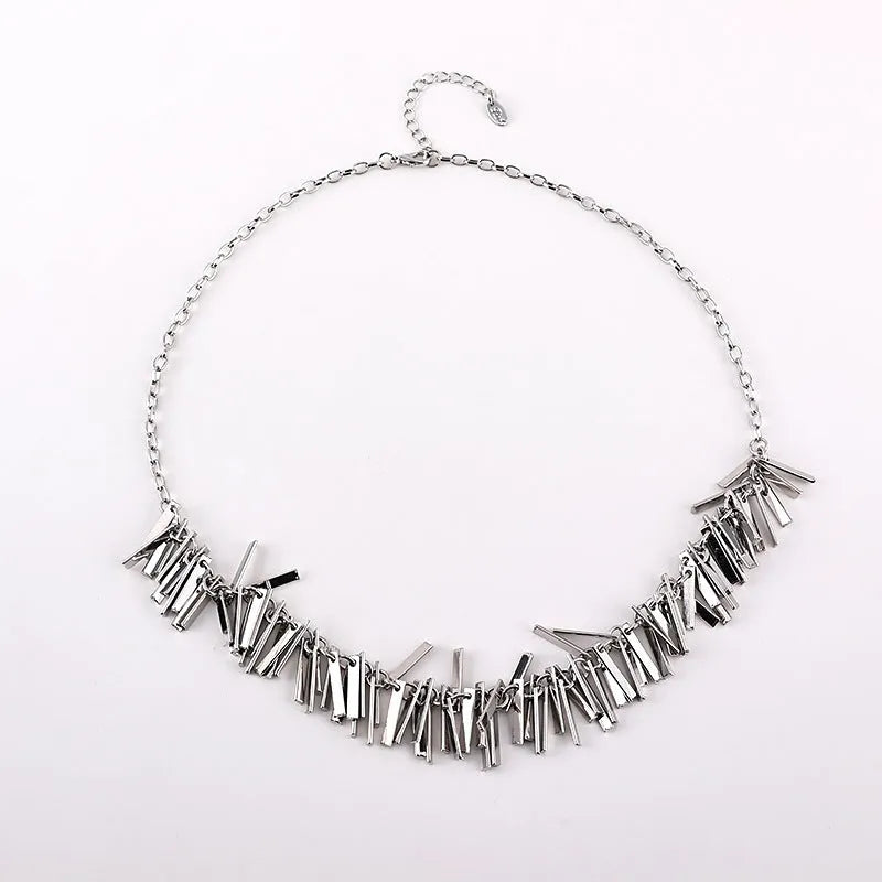 Silver square geometric pendant necklace with tassels on adjustable clavicle chain 31-40cm for women