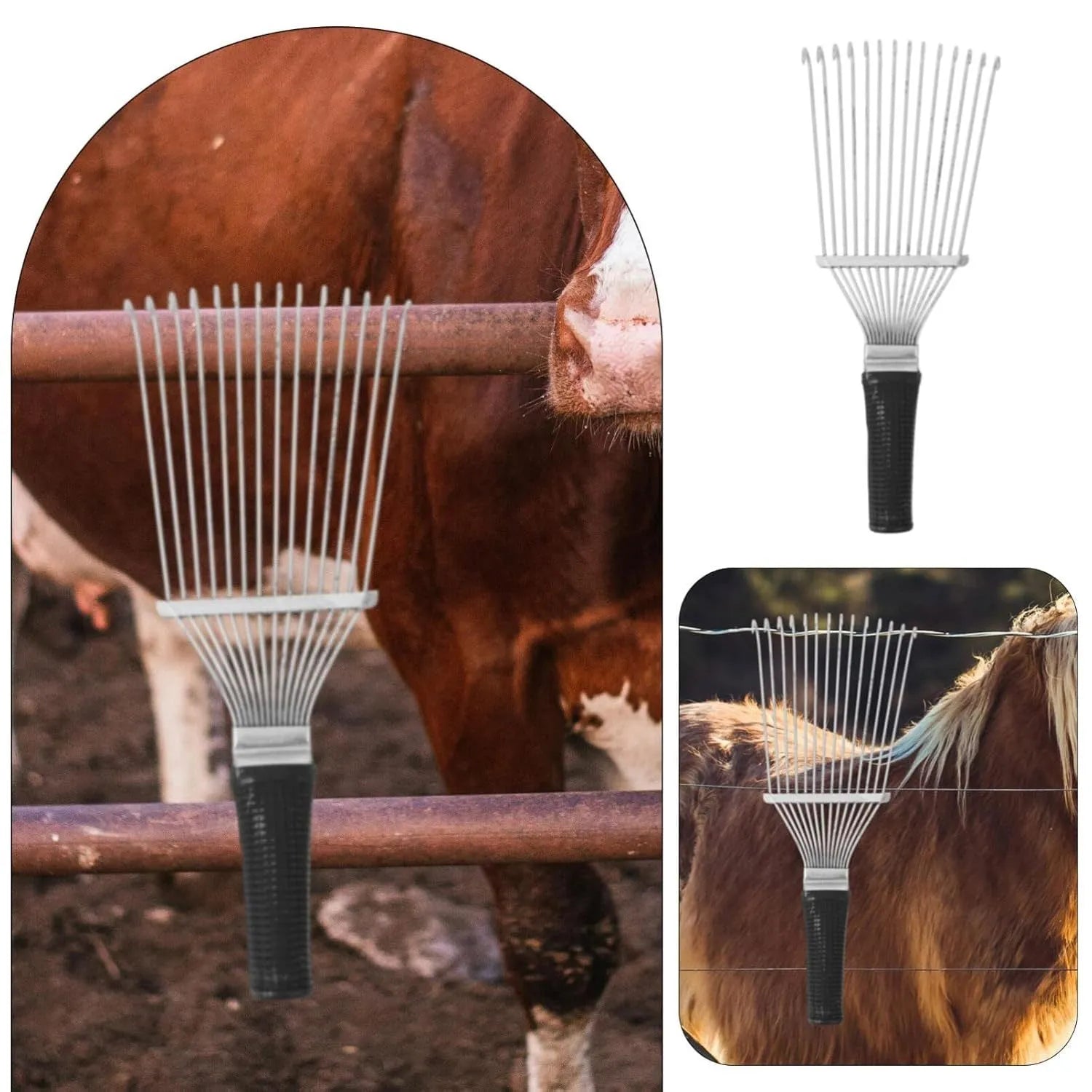 Stainless steel pet dematting brush rake comb for horse and dog grooming.