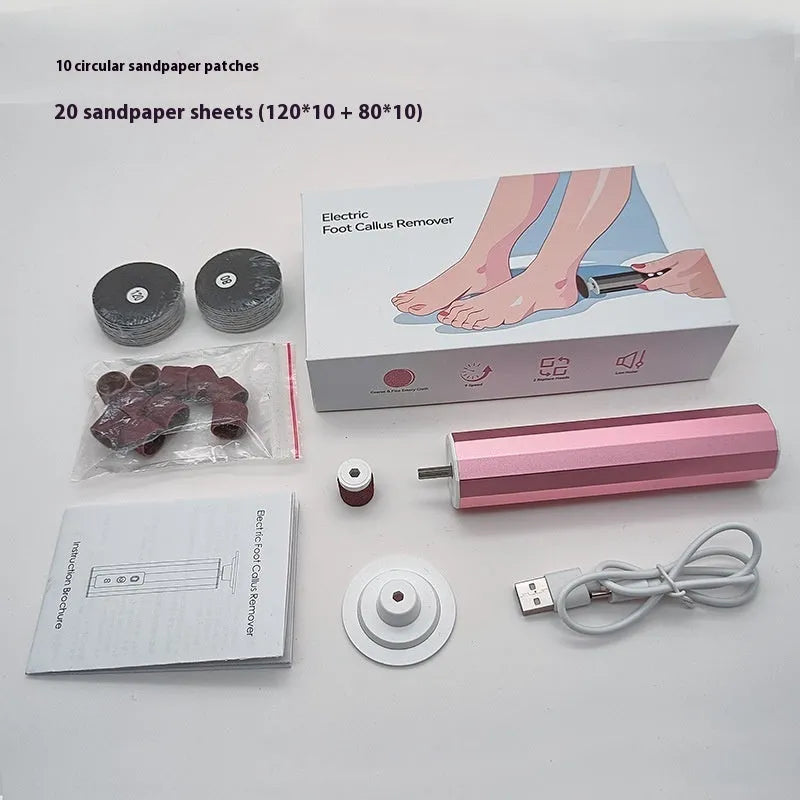 Pink household electric callus remover with 20 grinding wheels and USB charger, rechargeable foot care tool