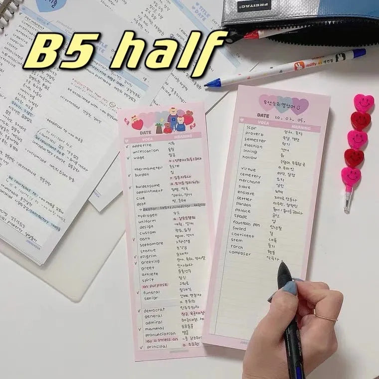B5 half-size vertical notepad for English words in blue, pink, or purple cover.