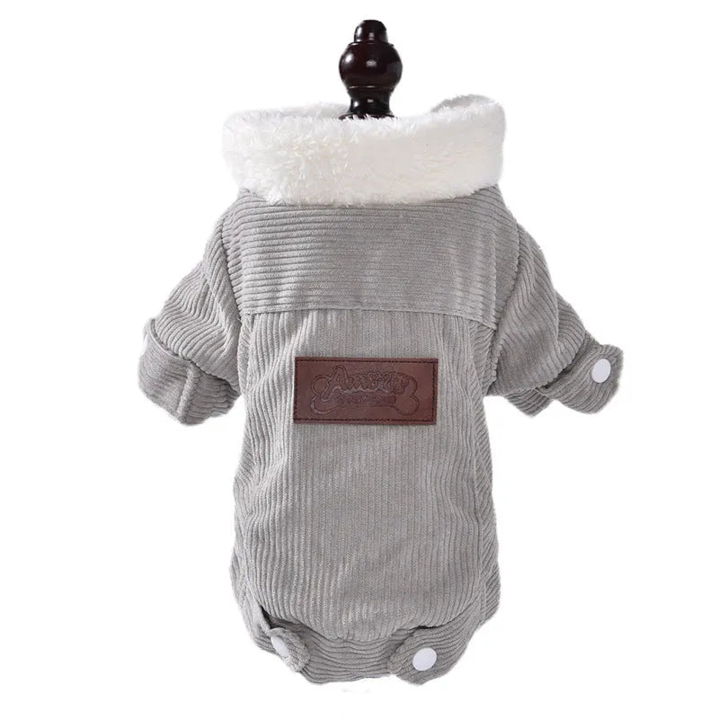 Grey lambswool fleece-lined dog vest for winter warmth, shown with size label.