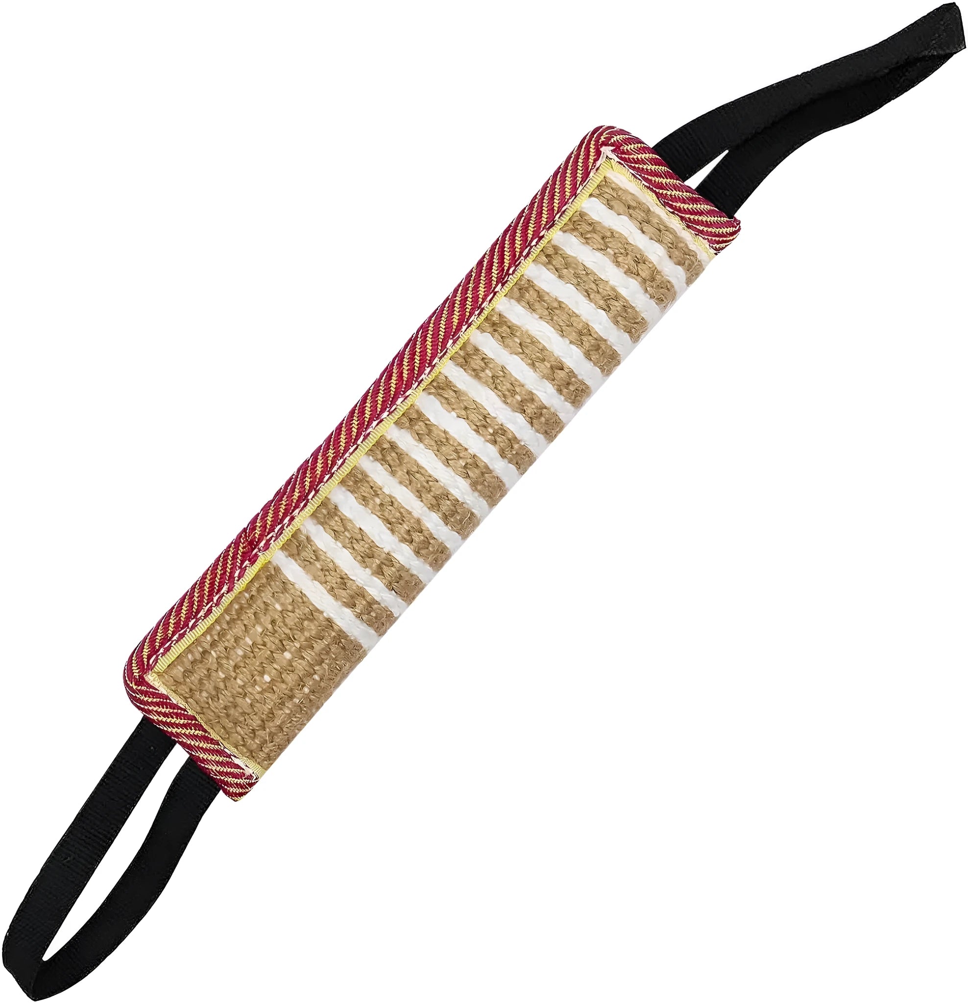 Beige jute dog tug toy with two handles on a white background.