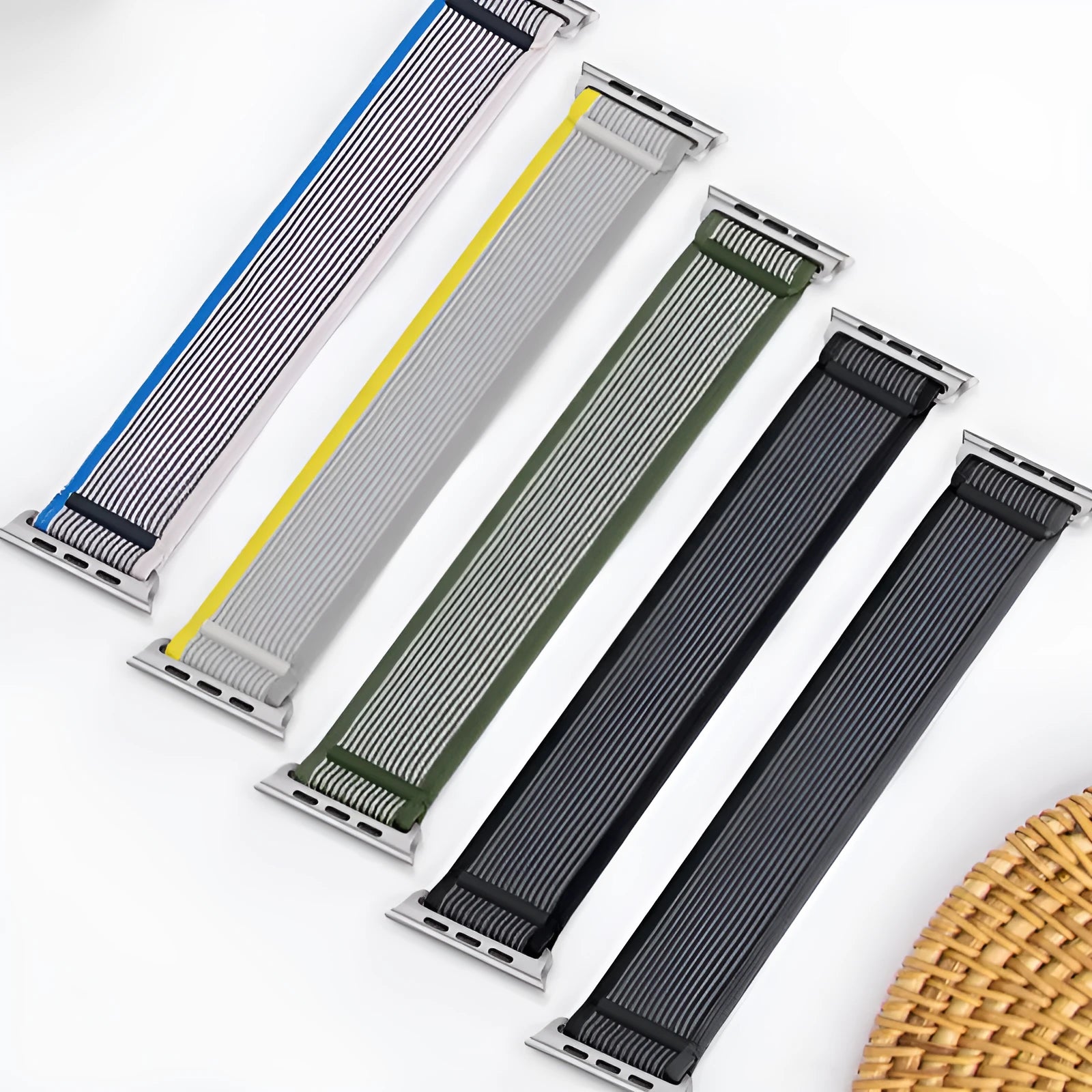 Single ring fastening nylon Apple Watch band in multiple colours showing integrated strap design