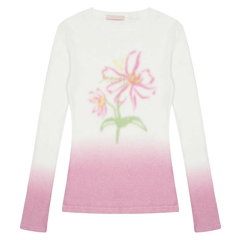 Gradient flower long-sleeved T-shirt for women in light pink, polyester fabric, casual fit size S