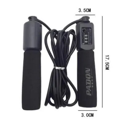 Adjustable fitness skipping rope with foam handles and blue PVC cord on a grey background