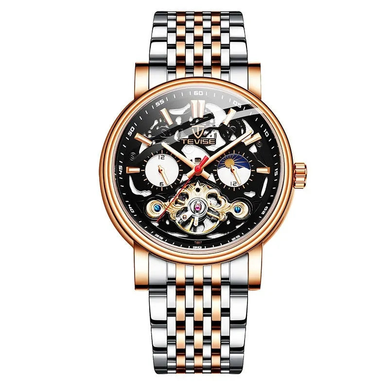Men's waterproof luminous mechanical tourbillon watch with stainless steel case and choice of straps