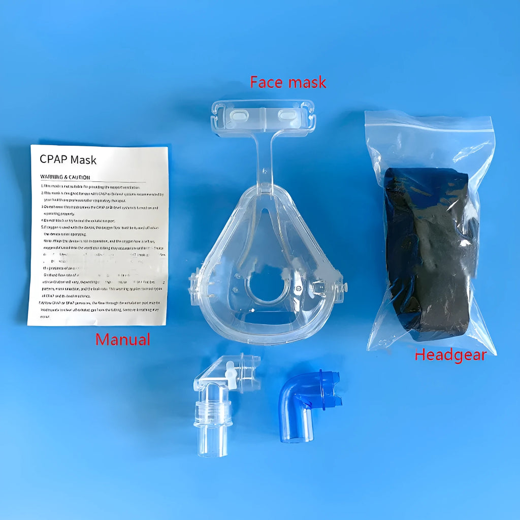Transparent CPAP breathing mask with headband and dual elbow adapters for ventilator connection