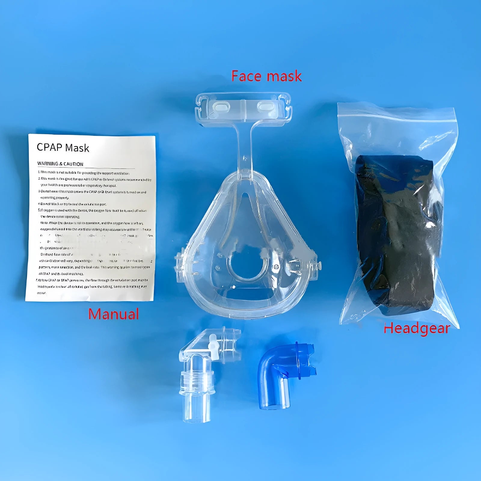 Transparent CPAP breathing mask with headband and dual elbow adapters for ventilator connection