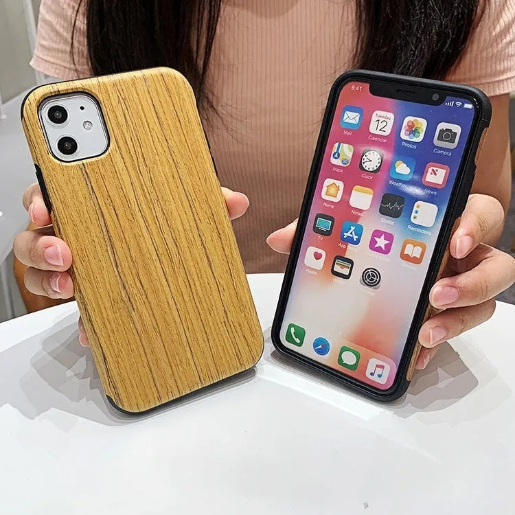 Wooden iPhone case showing rosewood, teak, and walnut finish options on compatible iPhone models
