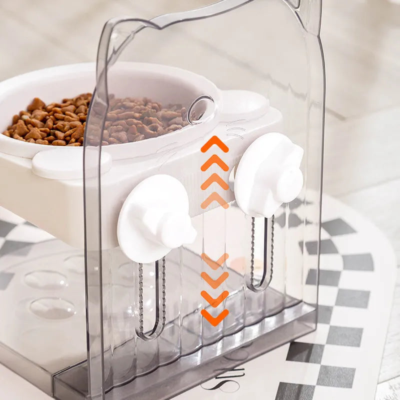 Grey cat ear anti-spill feeding bowl with adjustable height and removable hanging cage attachment