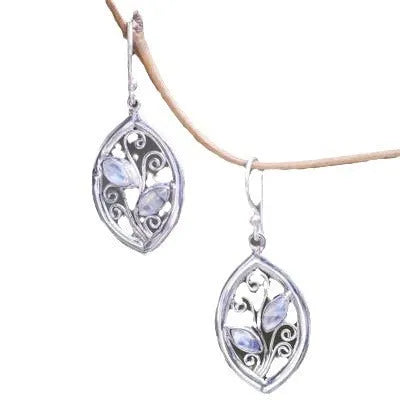 Silver women's earrings with leaf design and colourful embedded moonstones