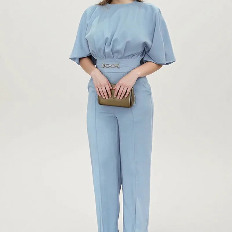 Blue polyester men's suit set with trousers and long sleeve jacket
