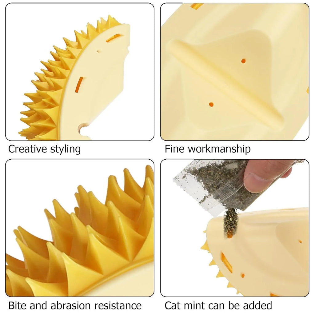 Yellow durian-shaped cat corner scratcher and massage brush mounted on a wall.