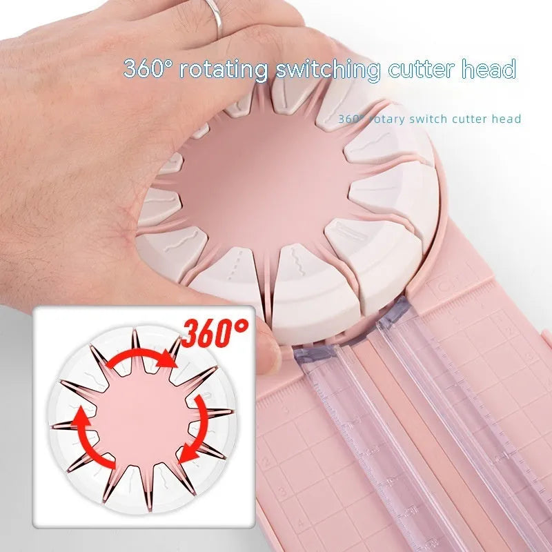 Pink and black plastic paper cutting machine with dotted guides and 12 cutting functions