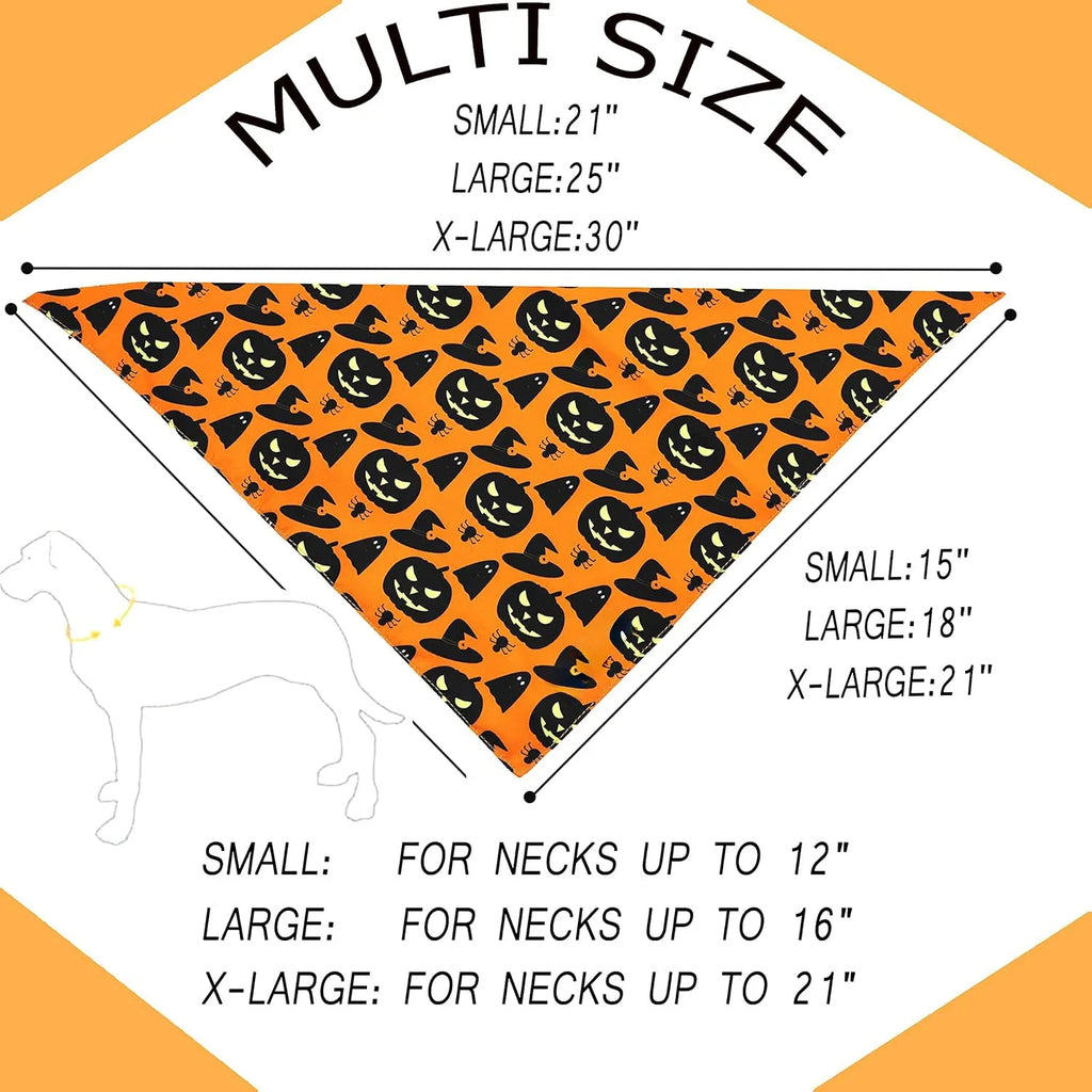 Reversible Halloween dog bandana with pumpkin and spider web patterns in black and orange, 65 x 45 x 45 cm