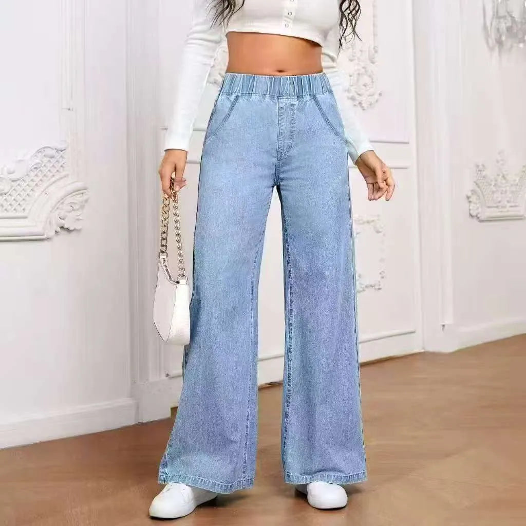 Light blue washed wide-leg jeans showing straight cut and mid waist design