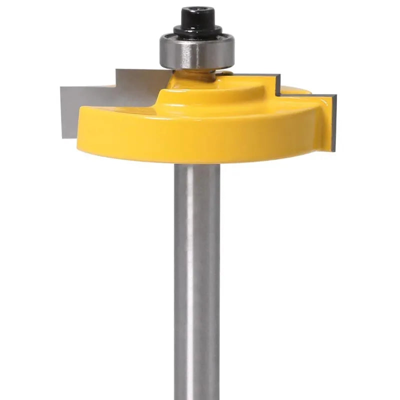 Carbide door and window step knife router bit with 47.62mm ball diameter, 8mm shank, and two flutes on a wooden workbench