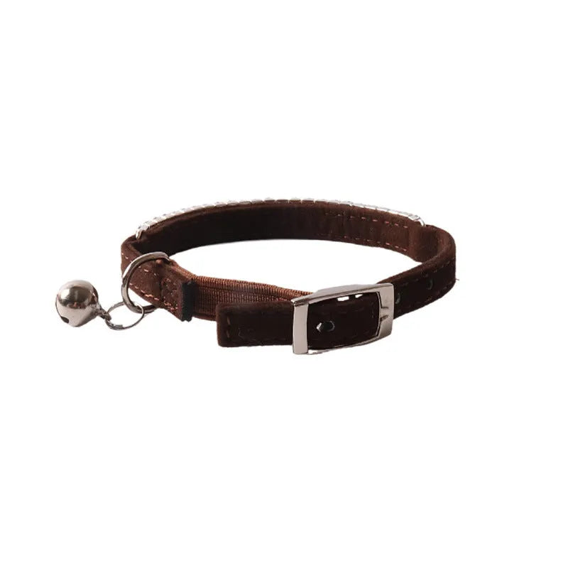 Flocking material cat collar with elastic buckle and gang drill decoration in multiple colours