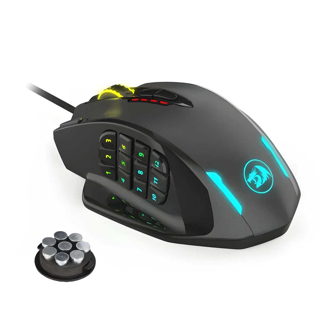 Redragon M908 One-Hander Macro Defines gaming mouse in black with ergonomic contoured shape and anti-sweat leather material