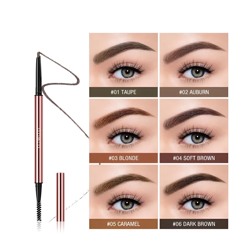 Refillable eye brow make-up pencil in colour box with six shade options shown