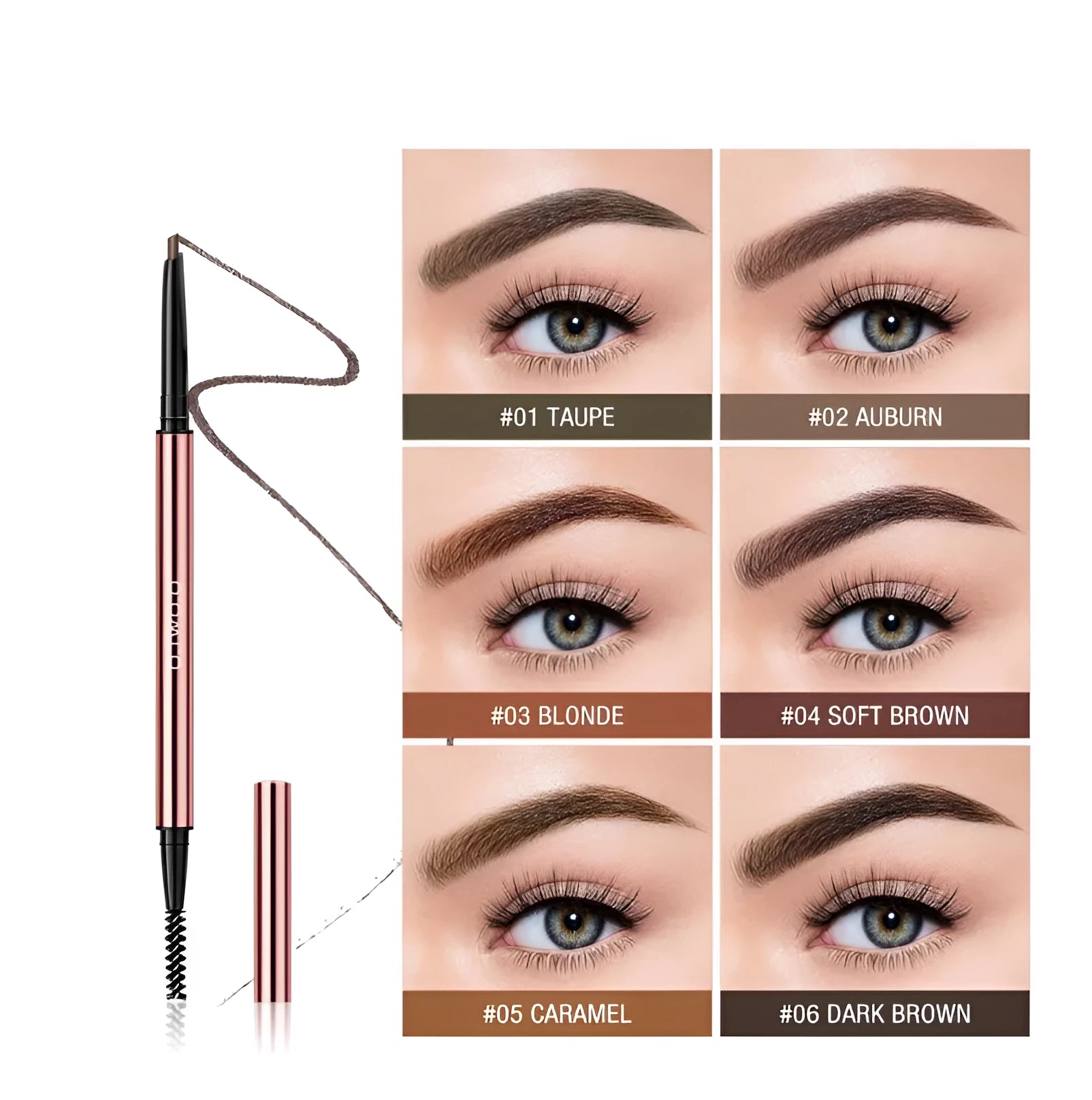 Refillable eye brow make-up pencil in colour box with six shade options shown