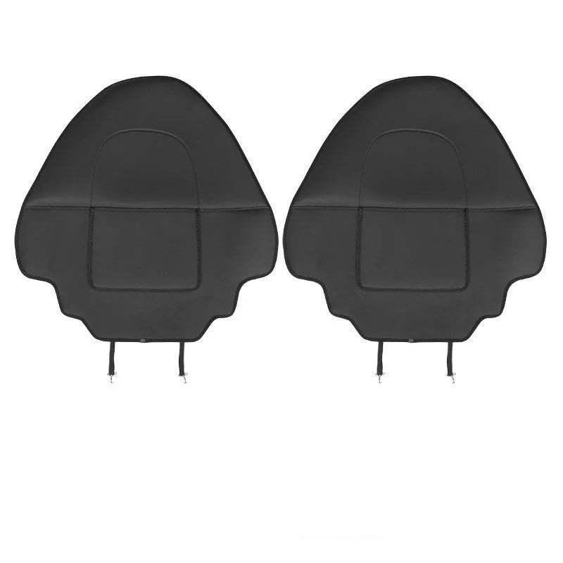 Black leather motorcycle anti kick pad with storage pocket, shown alongside a second pad