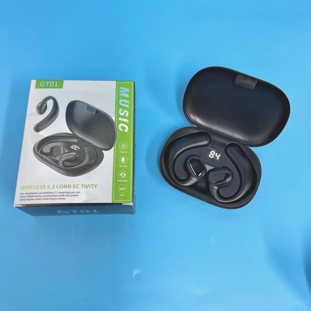 Ear-mounted Bluetooth headset with bone conduction technology and digital display screen in black colour