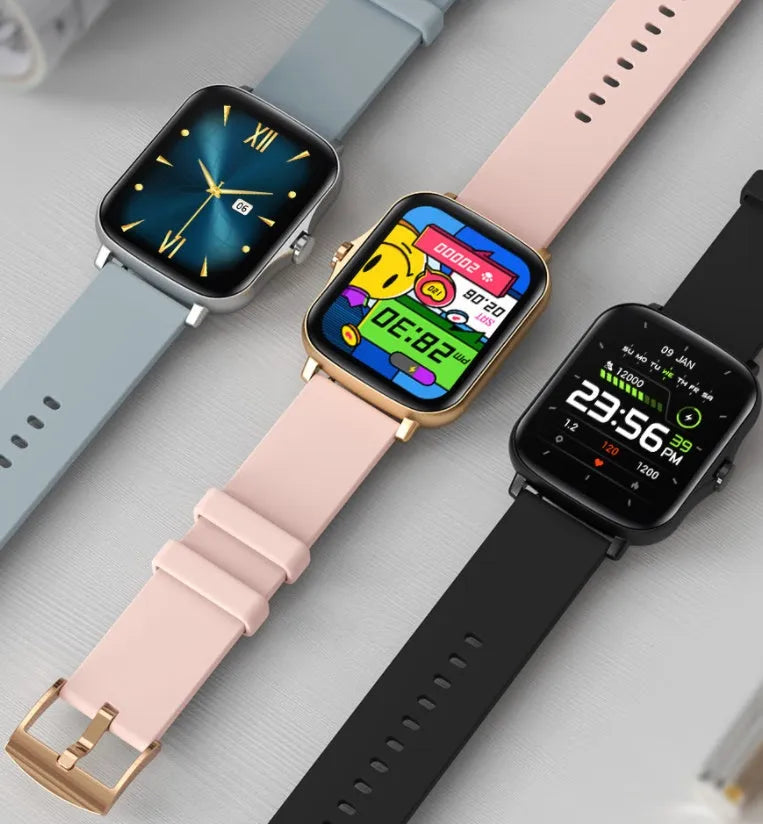 Smart watch with 1.7-inch colour touchscreen on adjustable strap, showing fitness stats interface.