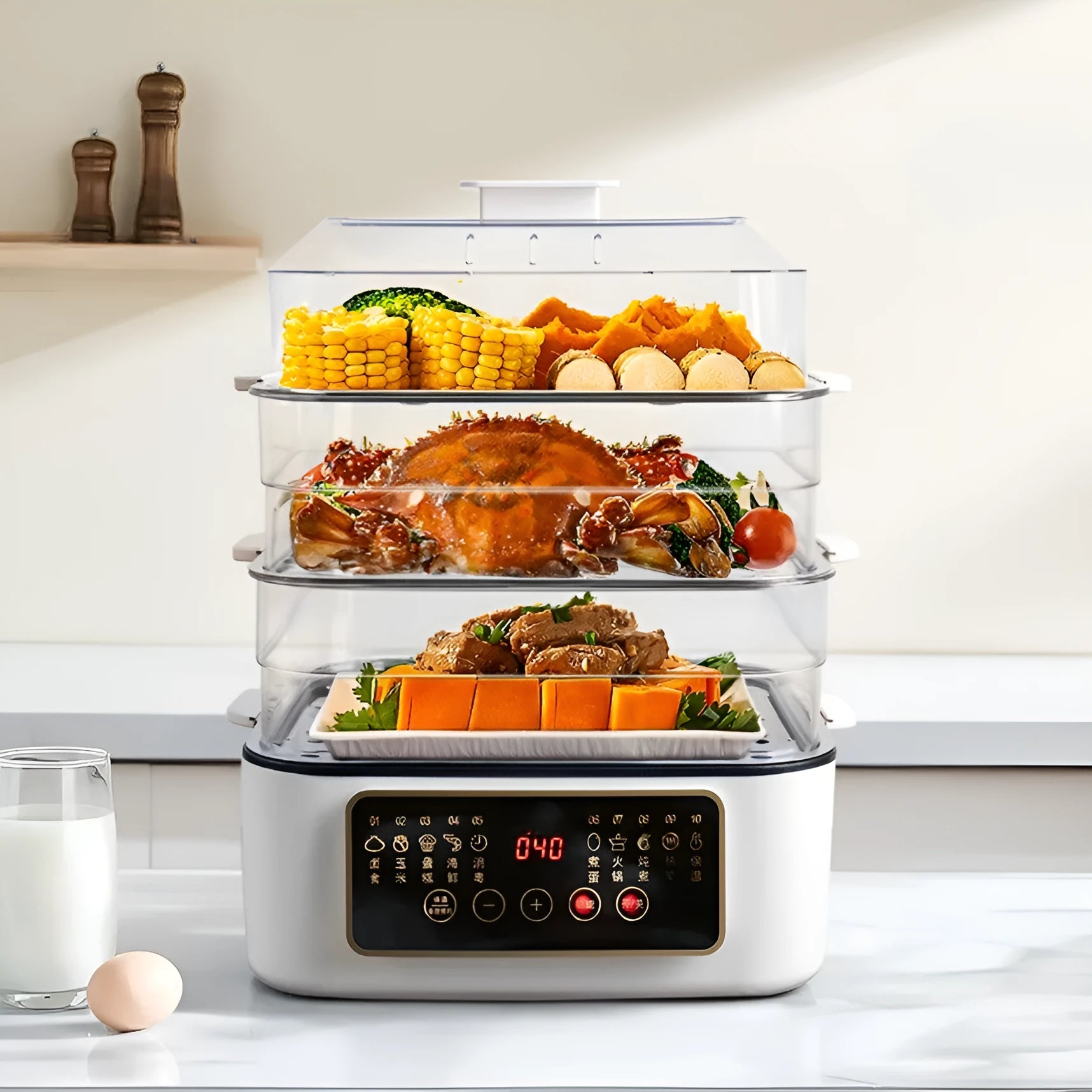 28-litre stainless steel electric food steamer with automatic measuring function