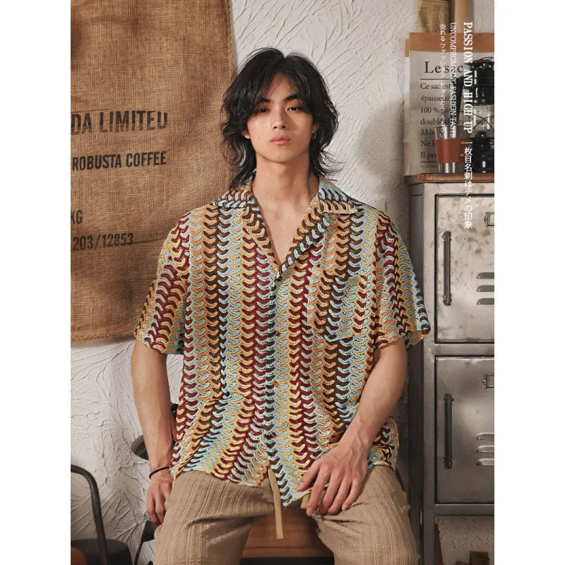 Japanese style Cuban collar short sleeve shirt in grey polyester jacquard fabric with slim fit plus size construction