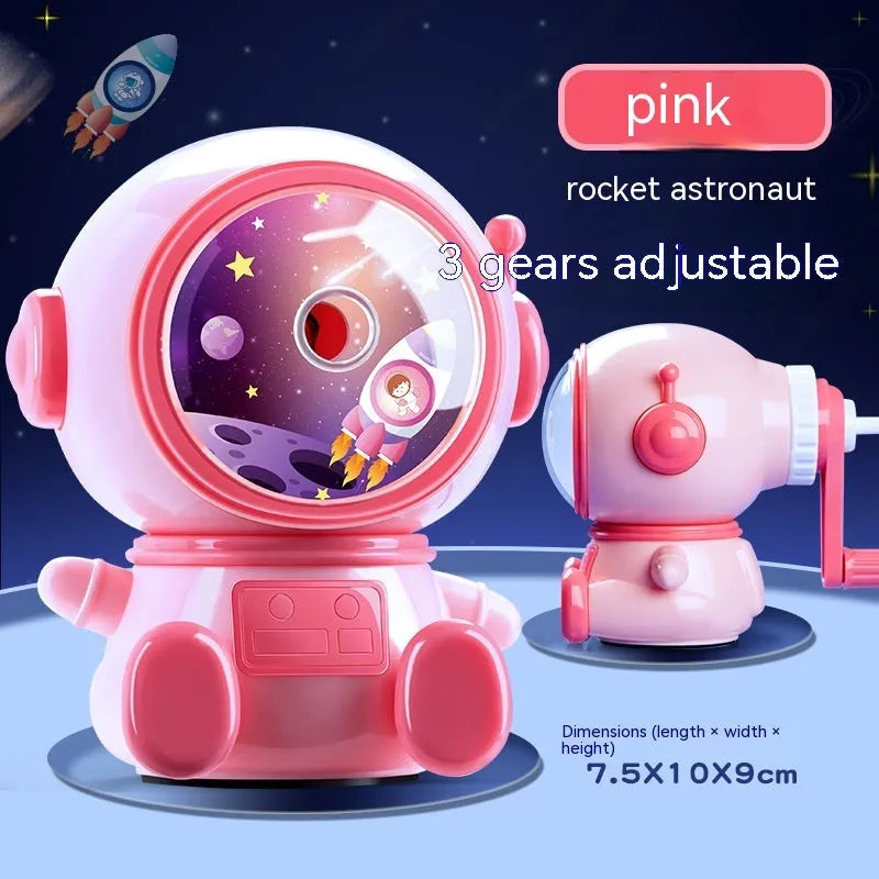 Astronaut cartoon pencil sharpener in blue or pink with anti-jam function and adjustable sharpening levels