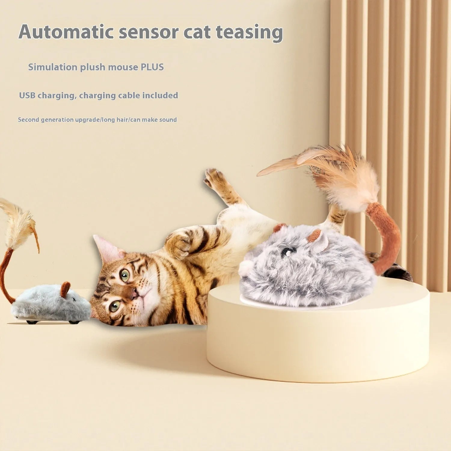 Self-moving plush electric mouse cat toy in pink with Type C charging