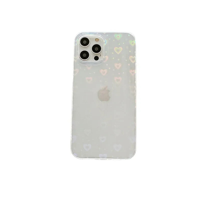 Transparent silicone iPhone case with laser colourful love design showing through to phone beneath