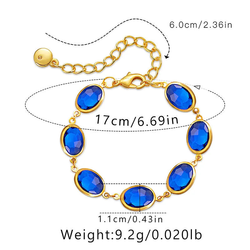 Copper bracelet with 18K gold plating and blue glass inlay, geometry shape, women's fashion OL style