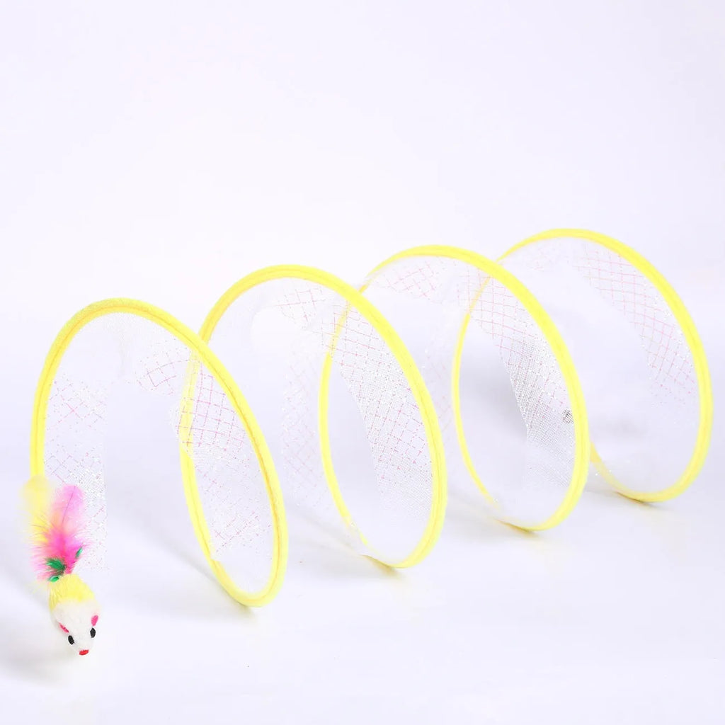 Pet cat tunnel made of steel wire and elastic net with feather attachment in mixed colour