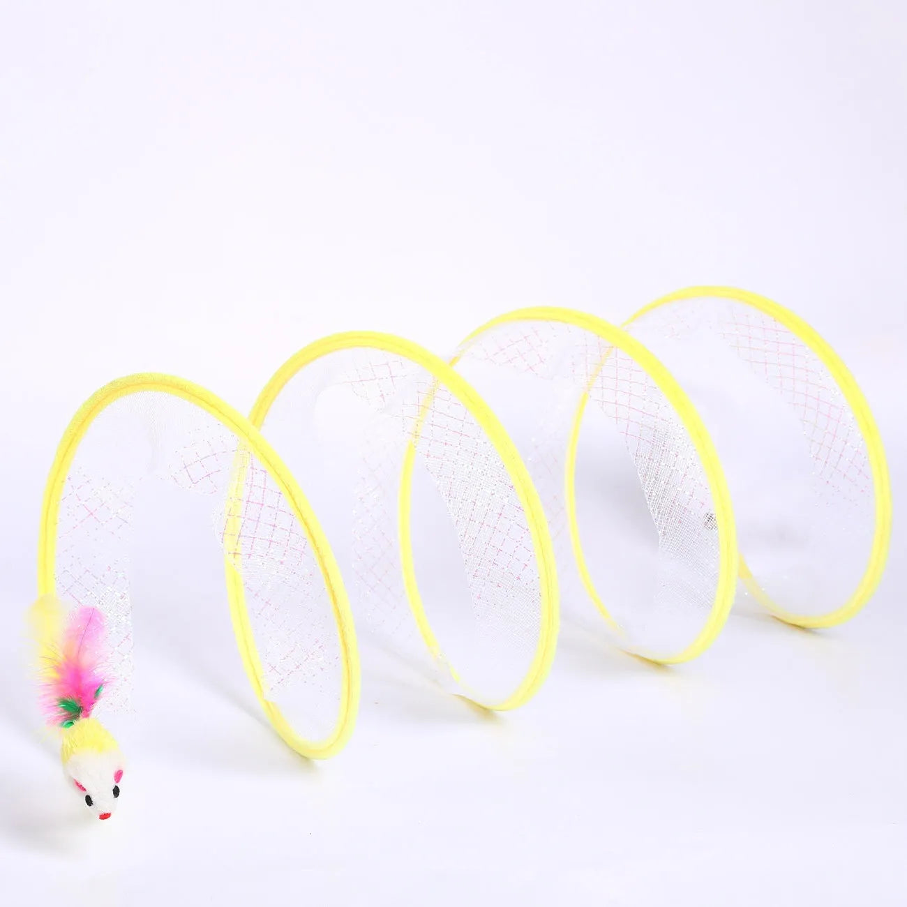 Pet cat tunnel made of steel wire and elastic net with feather attachment in mixed colour