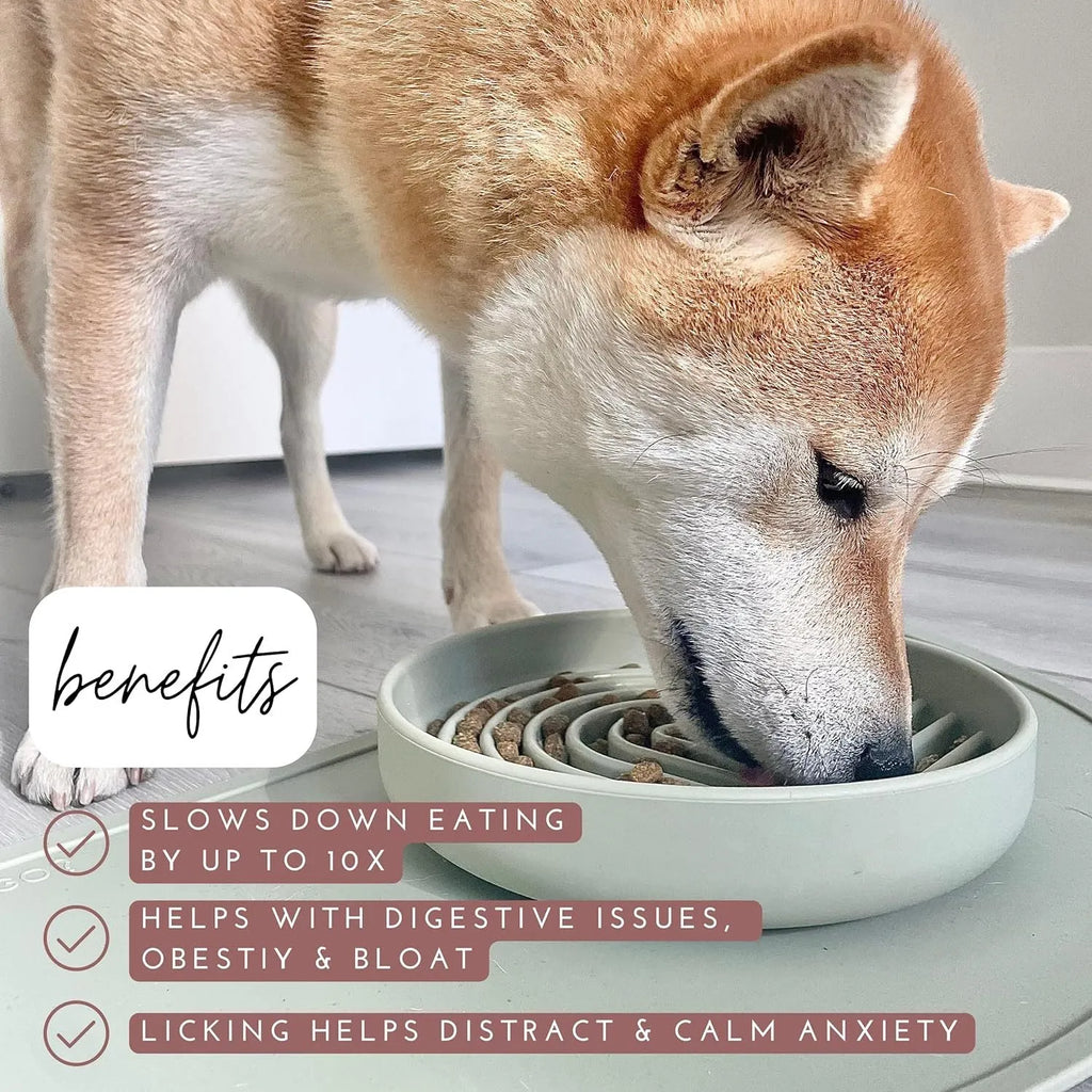 Silicone dog slow feeder bowl with ridge design in various colours on a kitchen counter.