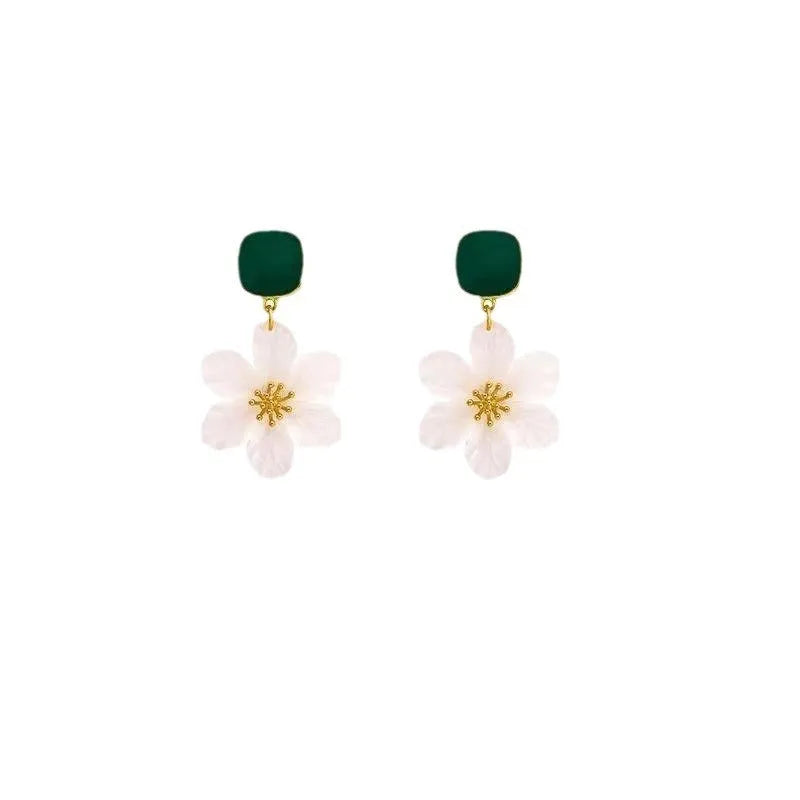 Dark green floral drop earrings with alloy construction and sterling silver fastening