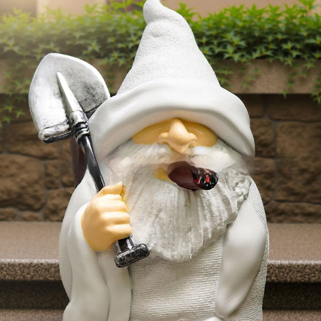 Resin Christmas ornament depicting pipe dwarf with smoking shovel accessory for festive decoration