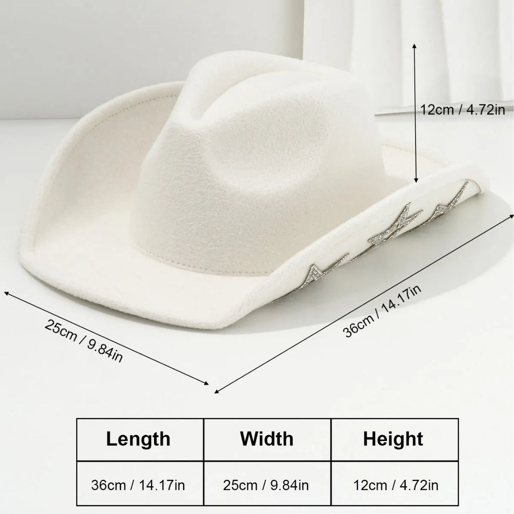 Polyester western top hat with conical crown and hexagonal star detail in size M.