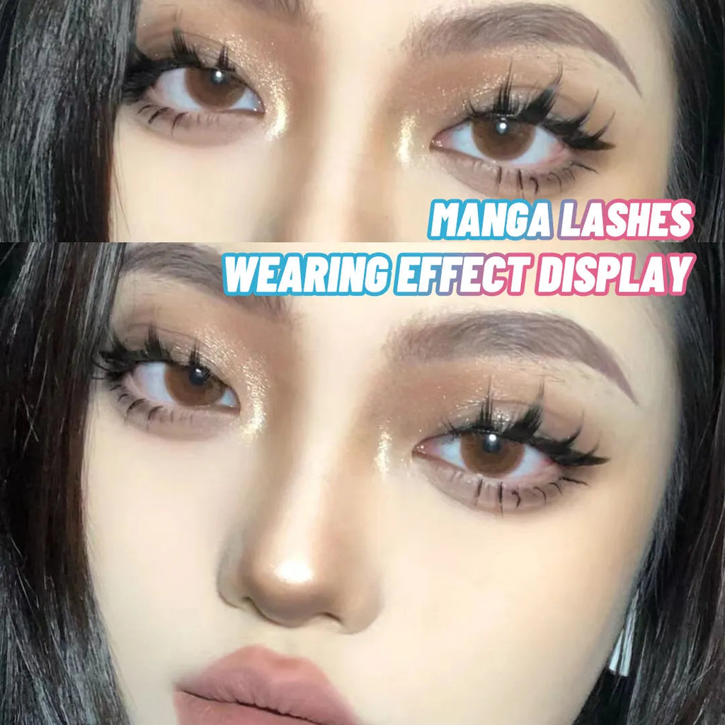 Pack of manga-style false eyelashes showing natural wispy lashes on a black plastic band.